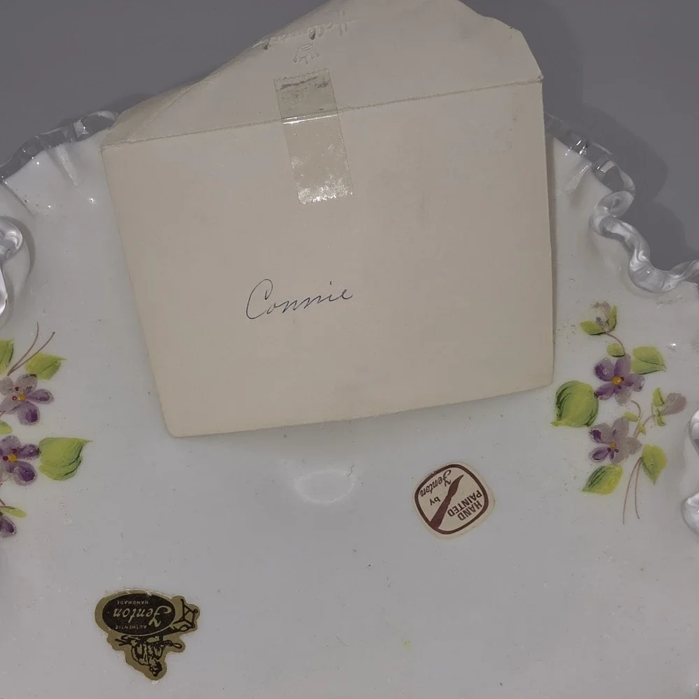 VINTAGE FENTON Silver Crest Milk Glass Footed Flared Bowl Violets Personalized